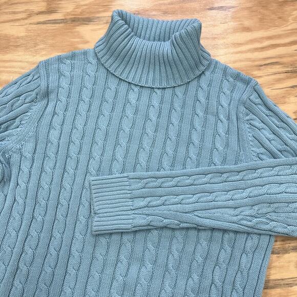 L.L. Bean Cable Knit Sweater Turtleneck Women's Large Blue Fisherman Classic - Picture 3 of 8